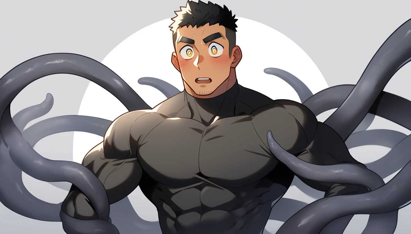 anime characters:Superhero in tights, negro black skin, He was entangled by a large number of thick black tentacles, Very stout, Slime Slug, Lots of mucus, Wrap around the neck, Tightly tied, Manliness, male focus, Yellow and black high collar long sleeve tight T-shirt, Slightly transparent material, Very tight, Round, full and perky chest muscles, Male dog waist, Slightly transparent, muscular male, muscular, only, Upper body, alone, Black short hair, Thick eyebrows, stubble, Yellow eyes, Grey background, simple background, amazing quality, best aesthetics, Ridiculous, bright pupils, crew cut, parted lips, blush, open mouth, scared, drop shadow, best quality