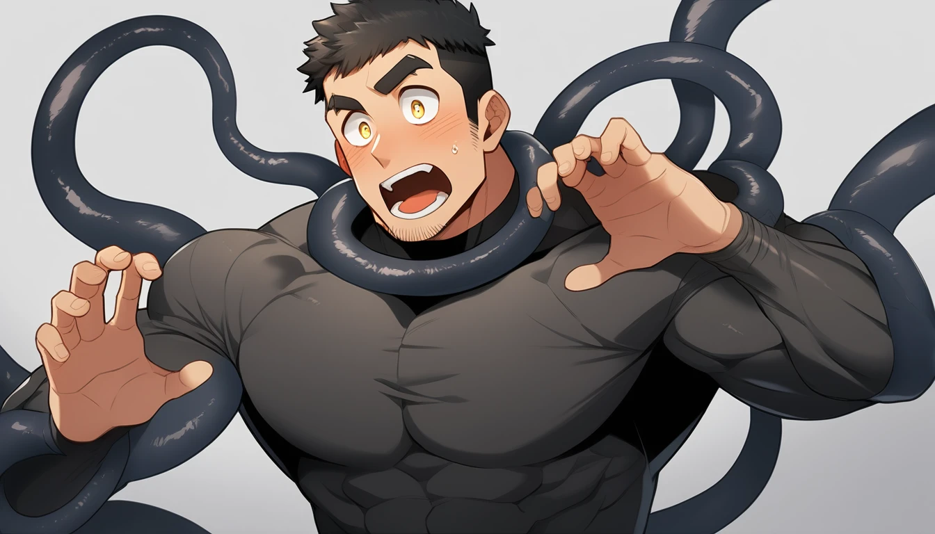 anime characters：Superhero in tights, negro black skin, He was entangled by a large number of thick black tentacles, Very stout, Slime Slug, Lots of mucus, Wrap around the neck, Tightly tied, Manliness, male focus, Yellow and black high collar long sleeve tight T-shirt, Slightly transparent material, Very tight, Round, full and perky chest muscles, Male dog waist, Slightly transparent, muscular male, muscular, only, Upper body, alone, Black short hair, Thick eyebrows, stubble, Yellow eyes, Grey background, simple background, amazing quality, best aesthetics, Ridiculous, bright pupils, crew cut, parted lips, blush, open mouth, scared, drop shadow, best quality