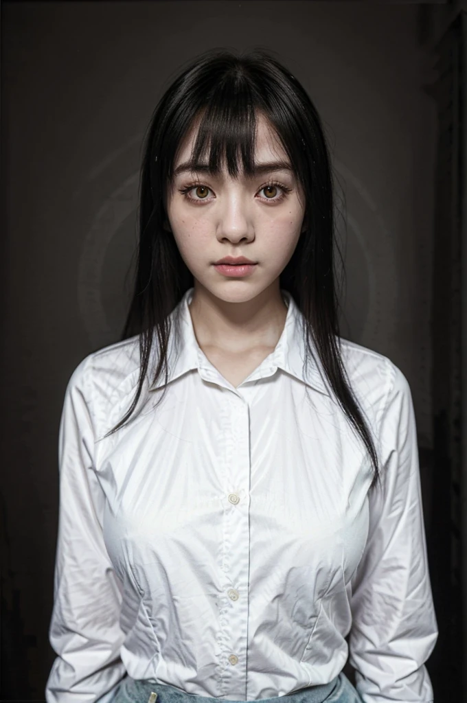 masterpiece, best quality, (dark photo:1.3), photorealistic, 1girl, flat bangs, stunning innocent symmetry face, shirt, emotional, ulzzang, (PureErosFace_V1:0.7)