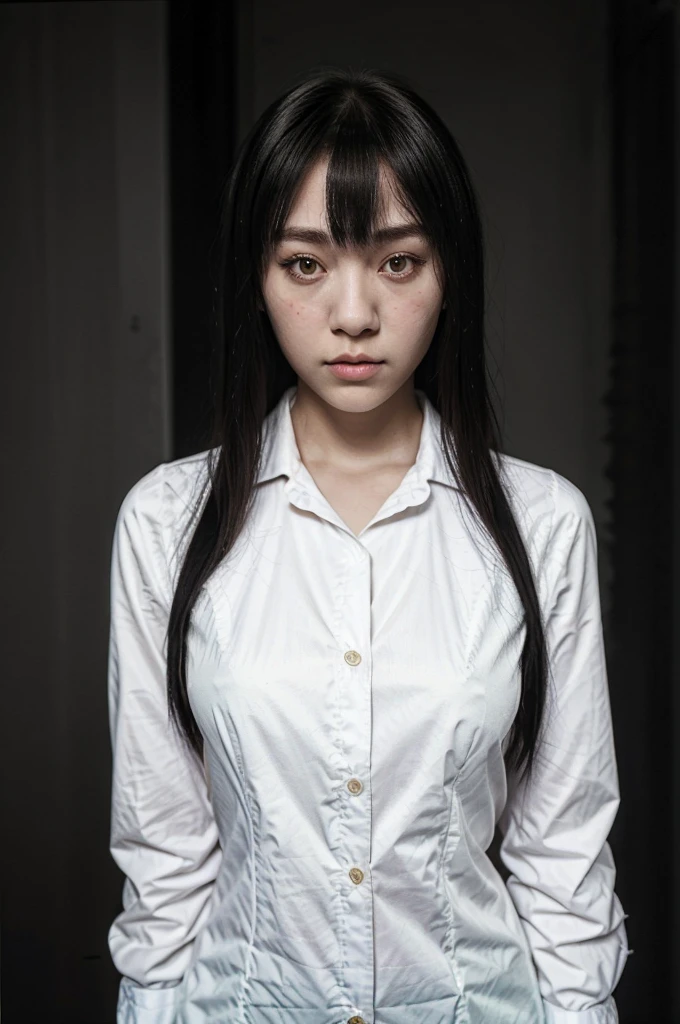 masterpiece, best quality, (dark photo:1.3), photorealistic, 1girl, flat bangs, stunning innocent symmetry face, shirt, emotional, ulzzang, (PureErosFace_V1:0.7)