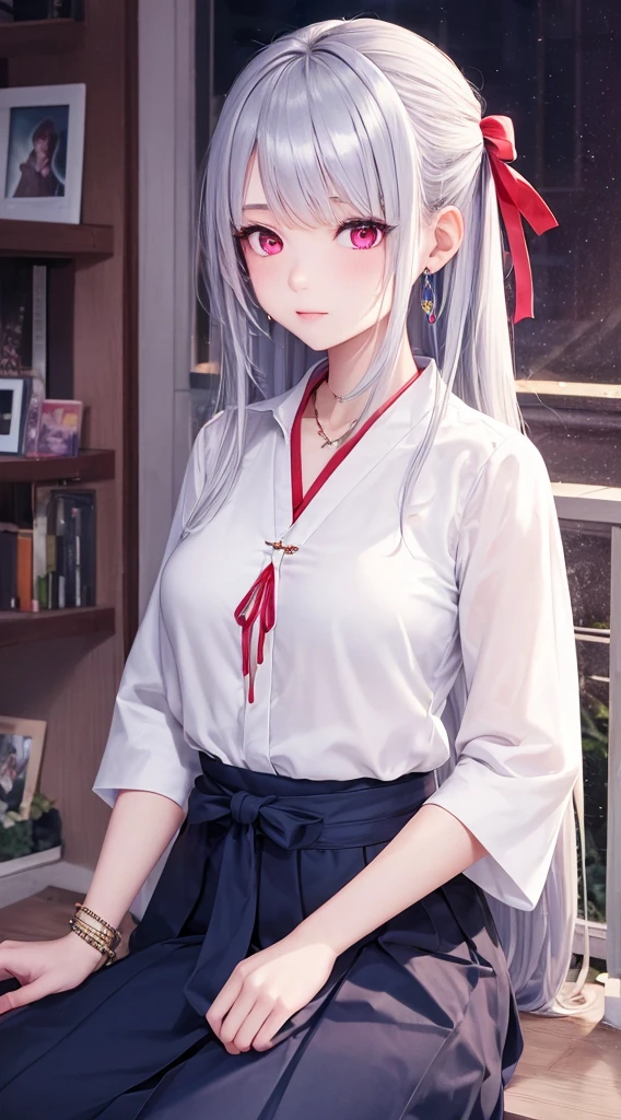 age girl with long, silver hair and glowing violet eyes. Fair skin, wearing a dark blue hakama skirt, white blouse, and red ribbon. Accessorized with intricate, mystical jewelry. Calm and composed demeanor, hint of magic and technology integration