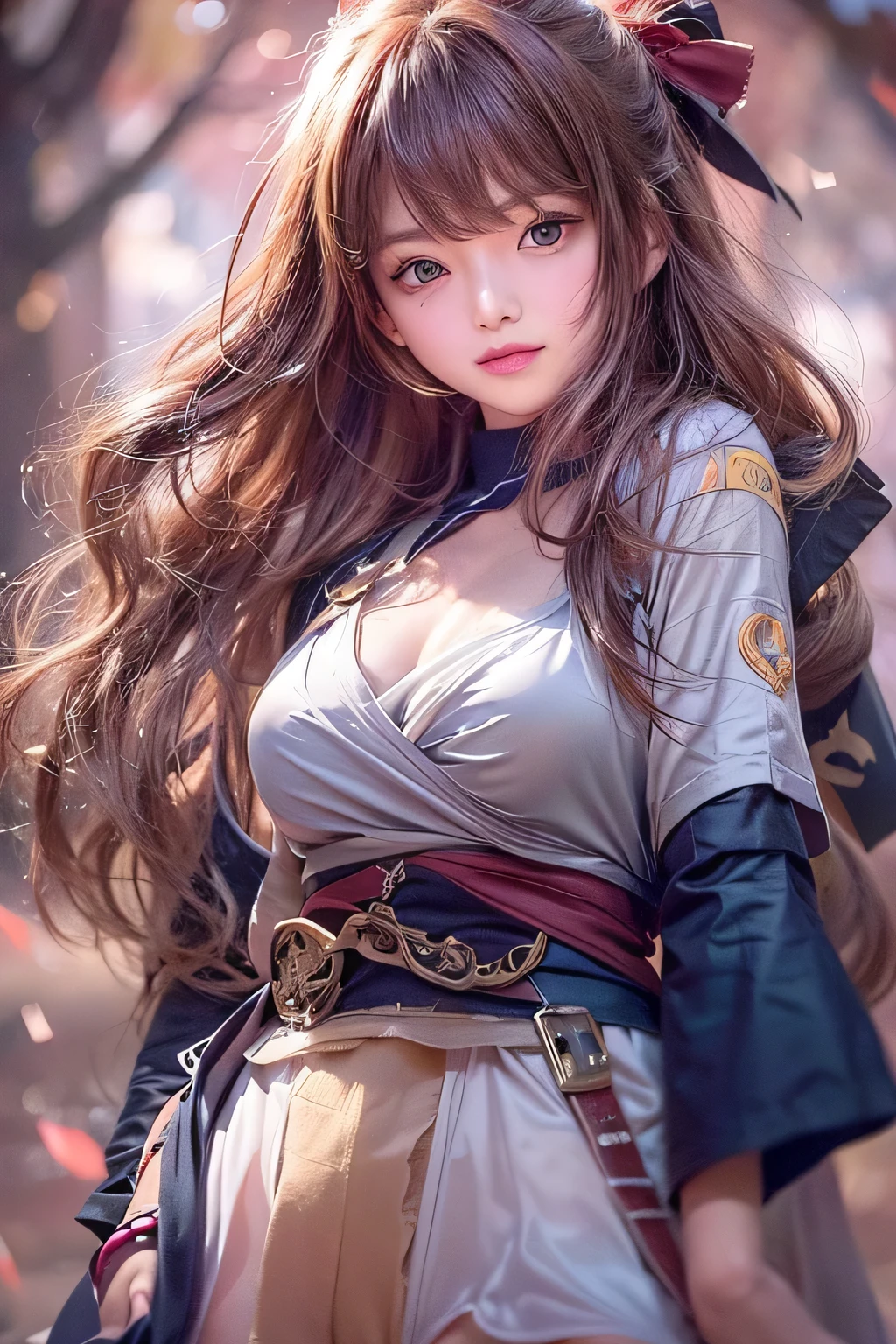 masterpiece, 1 Beautiful girl, Fine grain, highest quality, Ultra High resolution, (reality: 1.4), Cinema Lighting, Beautiful Skin, (Ultra-realistic), (High resolution), (8k), (Very detailed), ( Best illustrations), Pouting slightly,  (Crystal colorful lights), Extremely refined and beautiful, beautiful detailed eyes, Round eyes, detailed  features, (Round pupils:1.4), (alluring face), Smiling lips, (small breasts:1.3), sexual climax, Seduction, bitch, Open lips, (Beautiful and detailed face, Beautiful and delicate eyes), pink cheek, mascara, brown hair, long hair, (ninja:1.3), (The girl in the ninja costume is wearing a navy outfit:1.4), pink ribbon, (samurai arm armor), (full body:1.3), wearing a ninja armor, standing, forest, (cleavage:1.3), (see through:1.1), Exposed thighs, Beautiful thighs