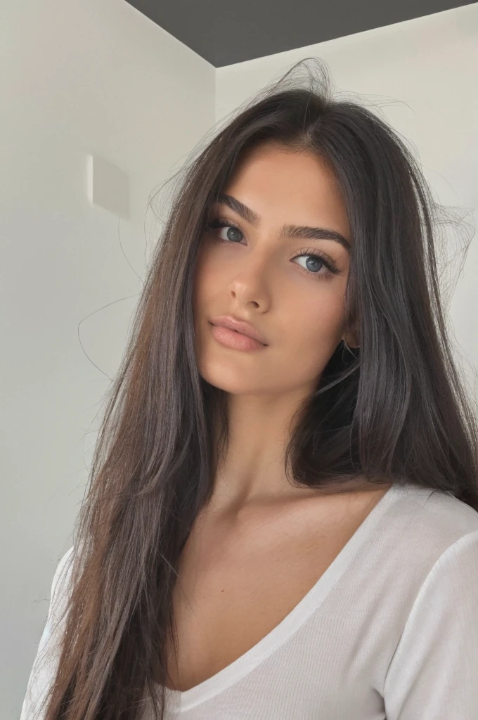 Female model 20 years old, long hair. brunette. Model appearance. Thin, sophisticated. Simple Lunchtime Natural Makeup. Lips are full and seductive.Upper body part photo. Live Photo. Instagram sexy selfie
