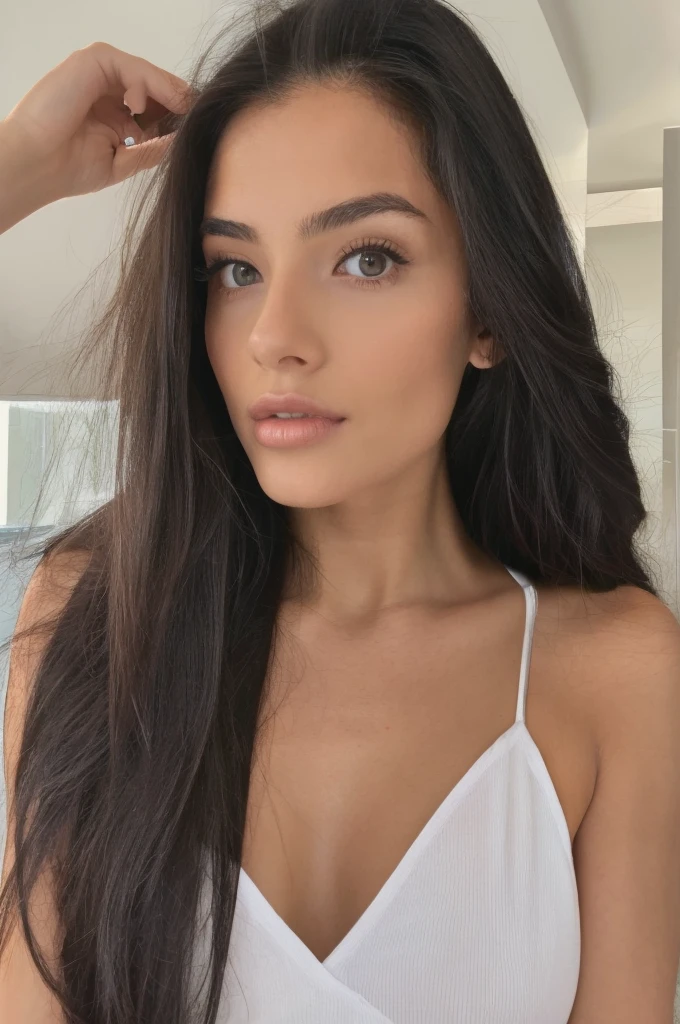 Female model 20 years old, long hair. brunette. Model appearance. Thin, sophisticated. Simple Lunchtime Natural Makeup. Lips are full and seductive.Upper body part photo. Live Photo. Instagram sexy selfie