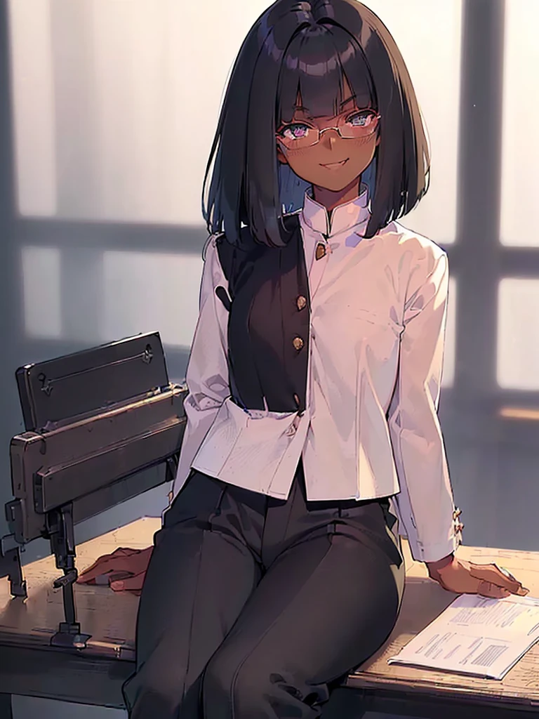 (1 girl solo),(dark skin:1.5),(masterpiece:1.2), highest quality, High resolution, unity 8k wallpaper, (fine and beautiful eyes:1.6), highly detailed face, perfect lighting, Detailed CG, (perfect hands, perfect ???????),20 years old, (black hair:1.3), detailed eyes, best quality, extremely detailed, very precise detailed, (glasses:1.4), , (straight hair:1.5), (evil smile:1.4) ,long sidelocks, (blush:1.3),(gakuran,long pants:1.5),(short Bobbed hair:1.4),(blunt bangs:1.4), (greaming skin:1.3),(in class room:1.3),(sit on desk:1.4),(spread legs),(flat chest:1.3),(open dakuran.shirt under gakuran:1.4)