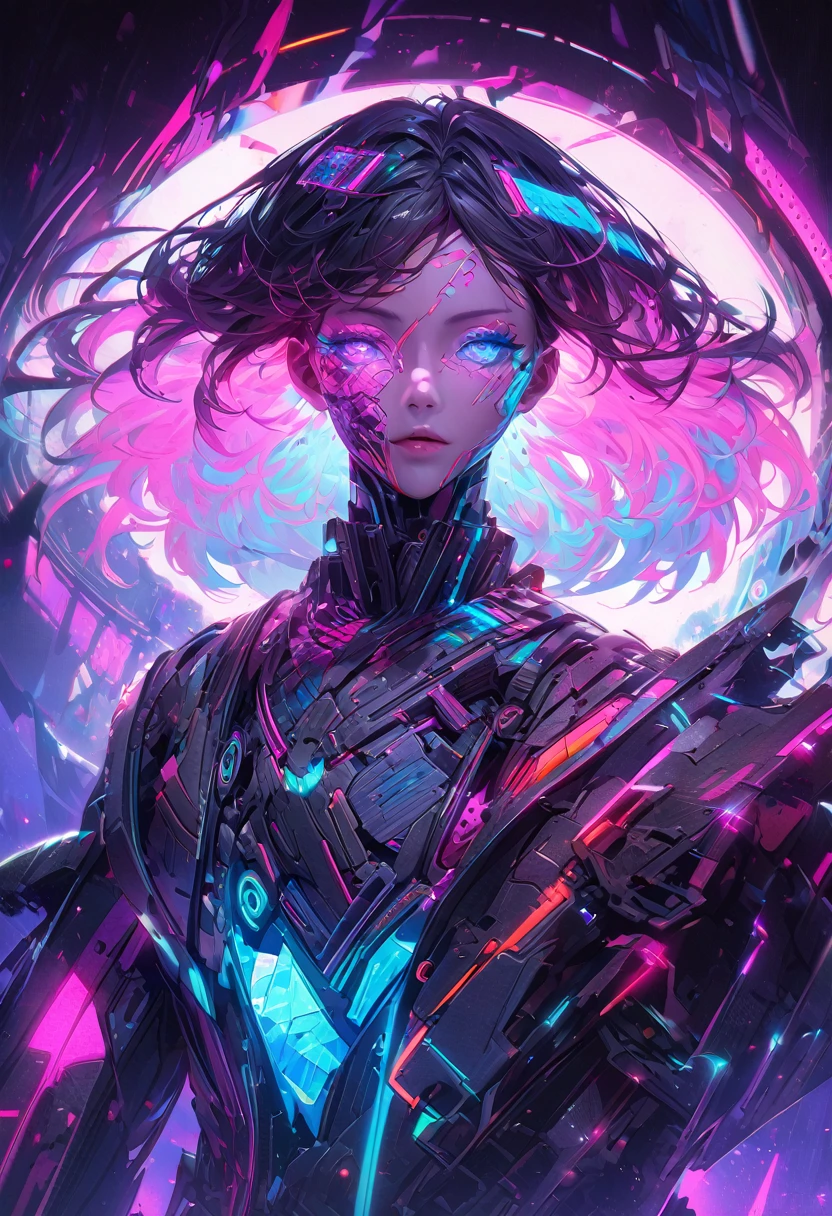 A mysterious, enigmatic digital avatar emerges from the shadows in an acrylic painting. The main subject is a humanoid figure with glowing neon accents and circuit-like patterns etched into their skin. The image is a hyper-realistic digital painting. Every detail is rendered with precision, from the intricate wiring weaving through their body to the cybernetic enhancements that give them an otherworldly presence. The colors pop with vibrancy, creating a striking contrast between the dark background and the luminescent figure. The overall composition exudes a sense of futuristic mystique, drawing viewers into a world of technological wonders and digital dreams. anime cyberpunk , close up