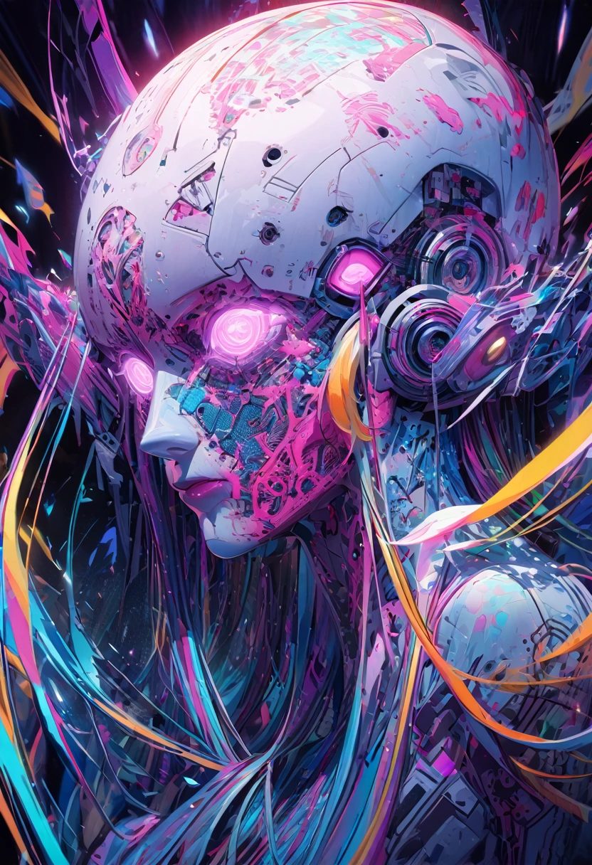 A mysterious, enigmatic digital avatar emerges from the shadows in an acrylic painting. The main subject is a humanoid figure with glowing neon accents and circuit-like patterns etched into their skin. The image is a hyper-realistic digital painting. Every detail is rendered with precision, from the intricate wiring weaving through their body to the cybernetic enhancements that give them an otherworldly presence. The colors pop with vibrancy, creating a striking contrast between the dark background and the luminescent figure. The overall composition exudes a sense of futuristic mystique, drawing viewers into a world of technological wonders and digital dreams. anime cyberpunk , close up
