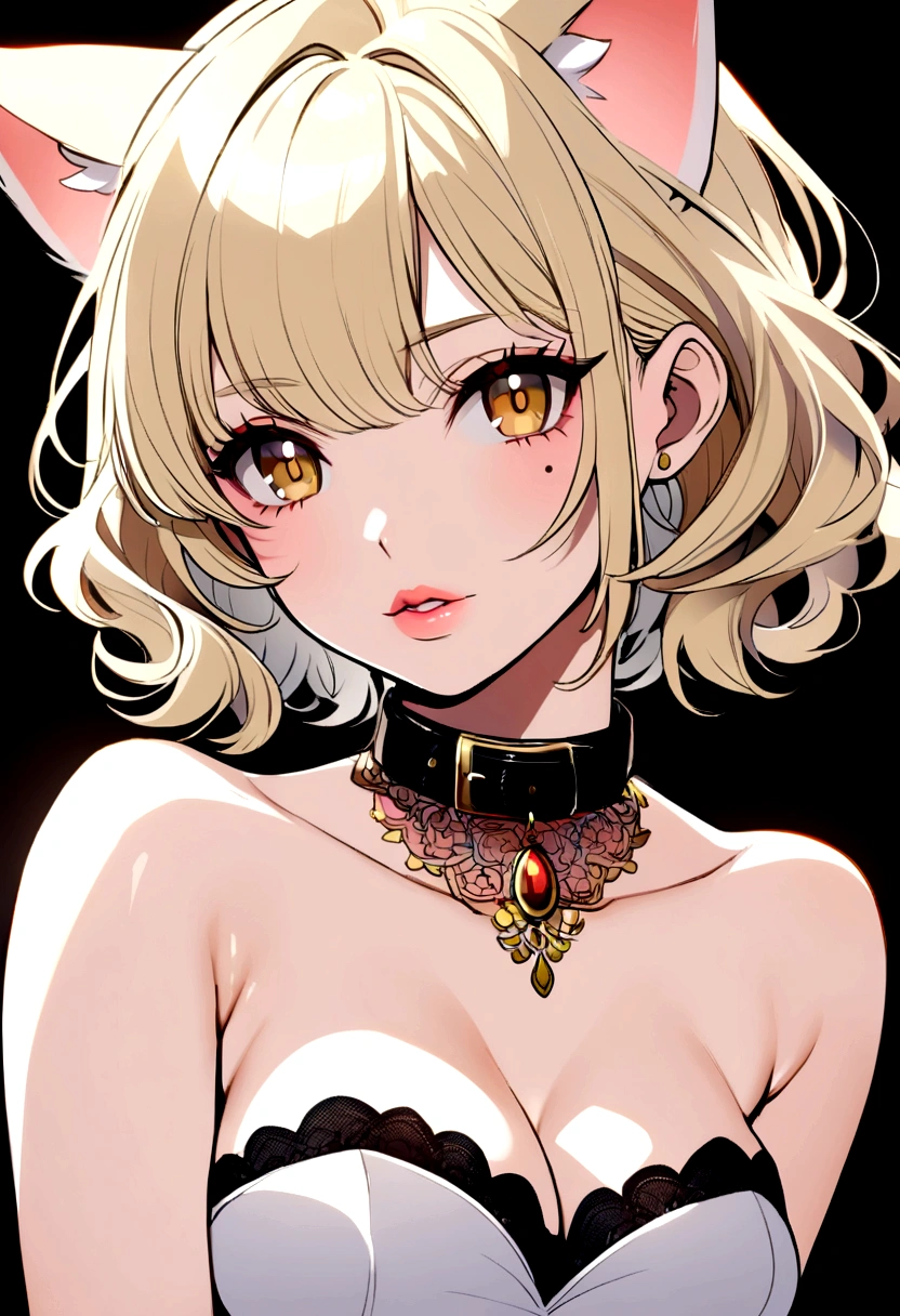 Handsome girl, anime girl, very short hair, light blonde hair, brass eyes, light pink lips, mole under the eye, cat ears, strapless shirt, sexy, call girl, wearing a collar,two block hair girl