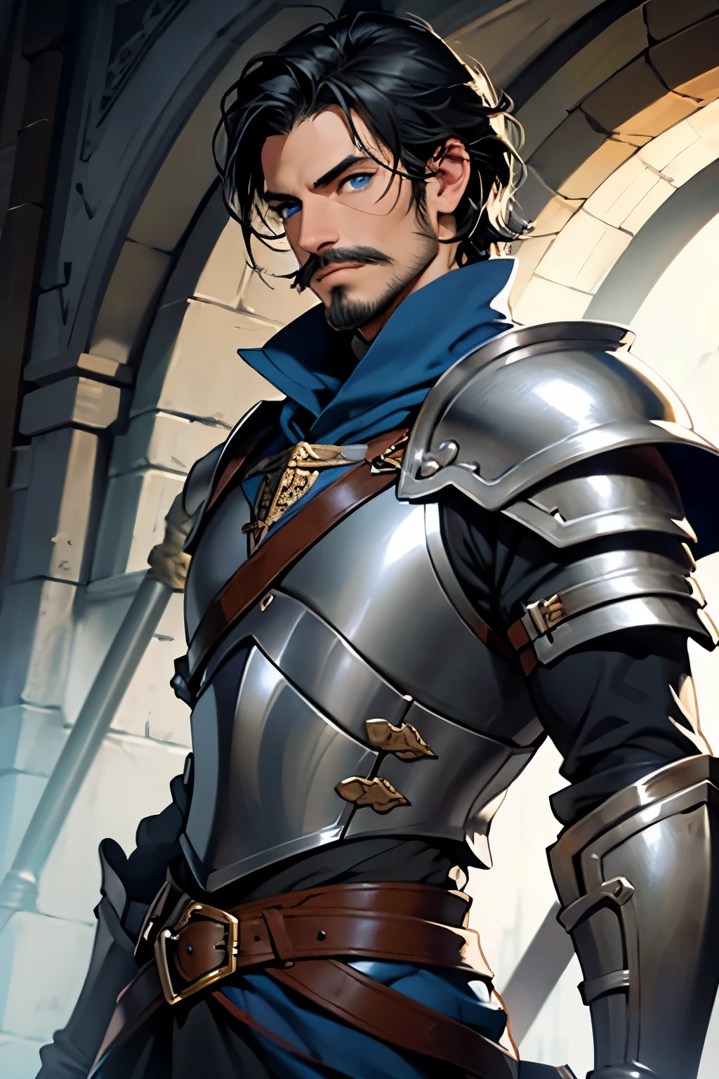 the bard, man, thin mustache, Blue eyes, light leather armor, rapier, black hair