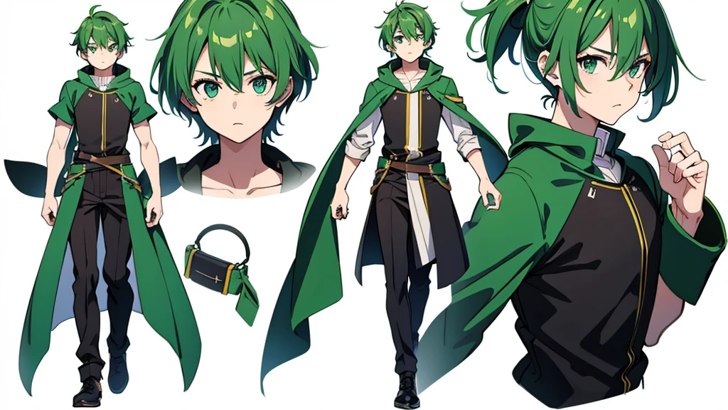 boy green hair gaming,  white background color , full body