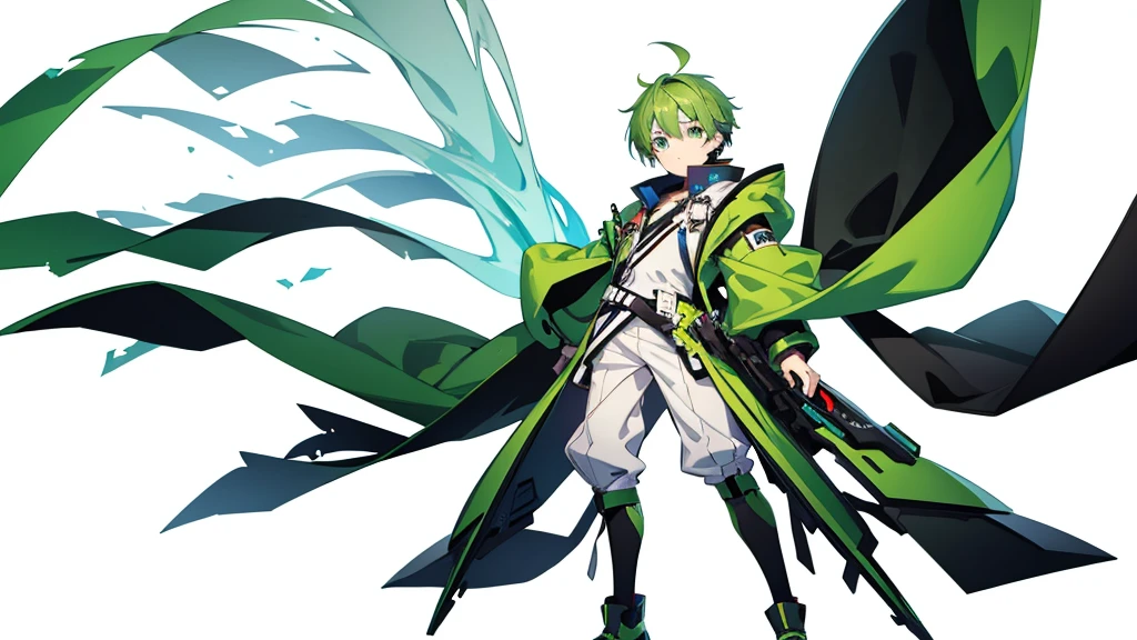 boy green hair gaming, white background color , full body