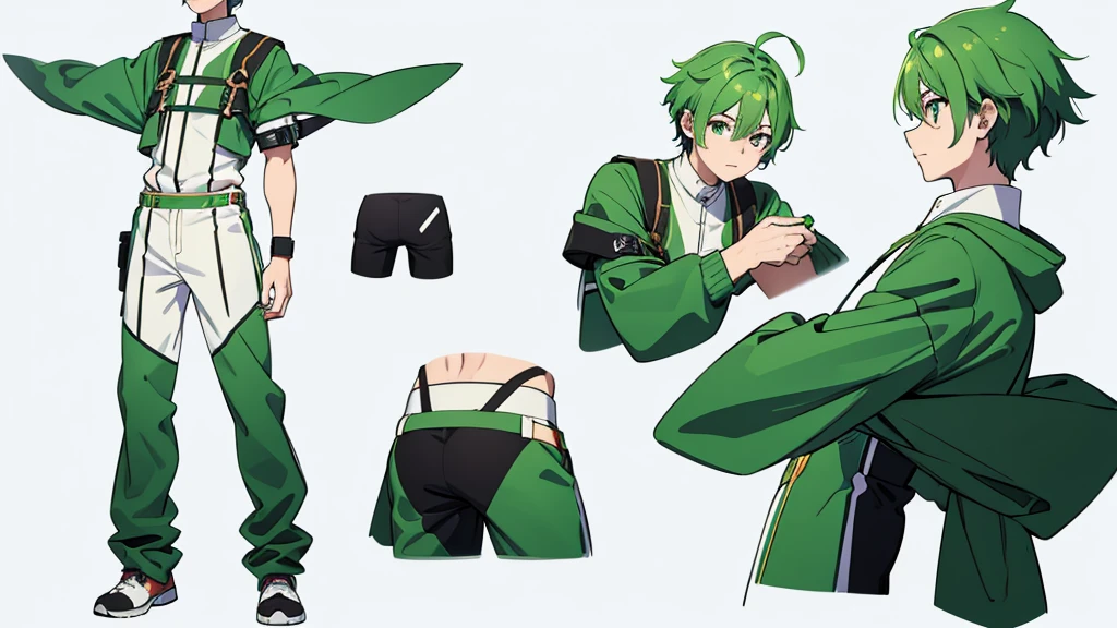 boy green hair gaming, white background color , full body