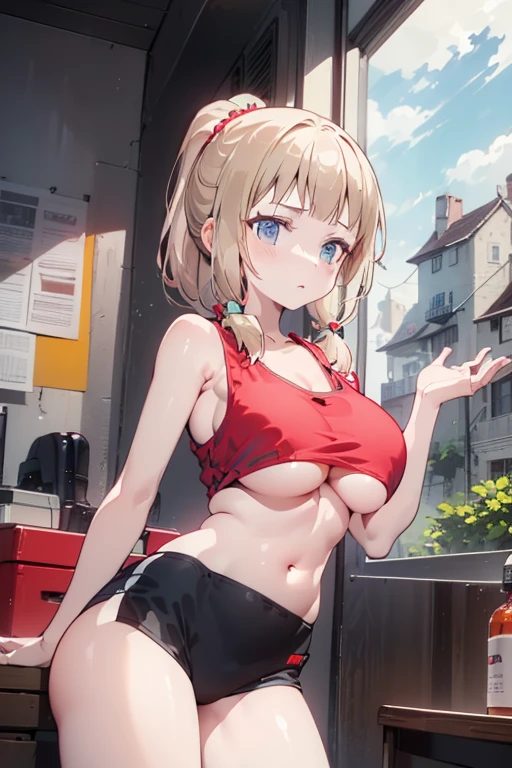 masterpiece、highest quality、Very detailed、An illustration、Beautiful fine details、One Girl、cute、Detailed landscape、Training Room Background:1.4、Platinum Blonde Hair、Braided Ponytail、Red camisole、((D cup breasts, Tank top showing underboob:1.3))