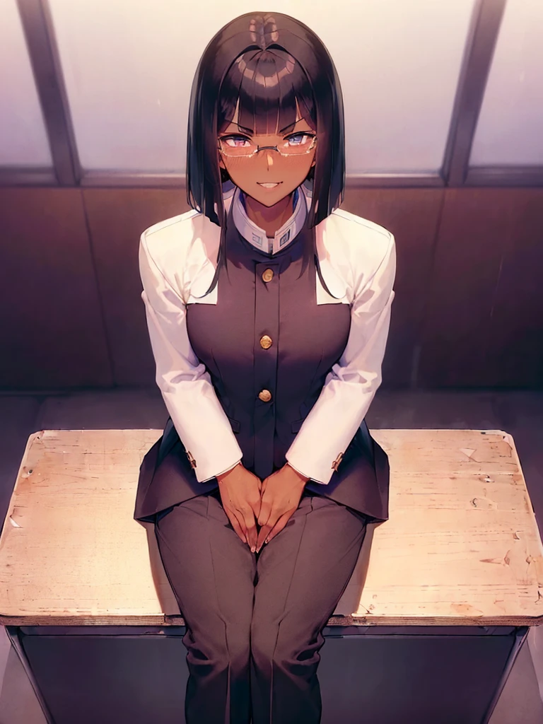 (1 girl solo),(dark skin:1.5),(masterpiece:1.2), highest quality, High resolution, unity 8k wallpaper, (fine and beautiful eyes:1.6), highly detailed face, perfect lighting, Detailed CG, (perfect hands, perfect anatomy),20 years old, (black hair:1.3), detailed eyes, best quality, extremely detailed, very precise detailed, (glasses:1.4), , (straight hair:1.5), (evil smile:1.4) ,long sidelocks, (blush:1.3),(gakuran,long pants:1.5),(short Bobbed hair:1.4),(blunt bangs:1.4), (greaming skin:1.3),(in class room:1.3),(sit on desk:1.4),(spread legs),(flat chest:1.3),(open dakuran.shirt under gakuran:1.4)