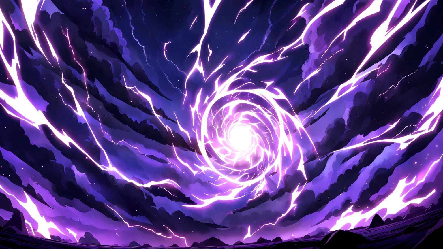 mystical portal, anime style, intense swirling vortex, lightning sparks, dark clouds, electric blue and purple hues, bright beams of light, energy waves, dramatic, ethereal glow, no people, empty surroundings