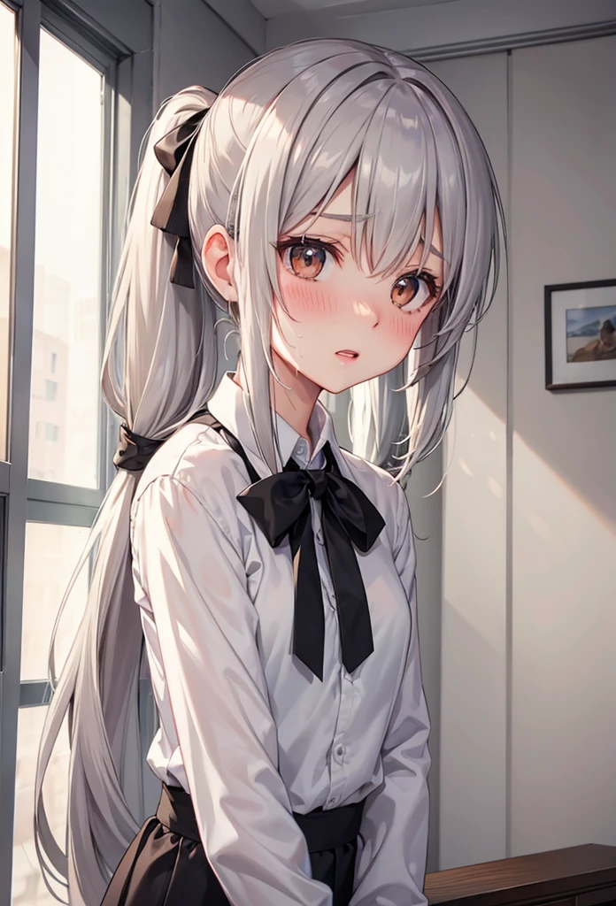 slender, mature female,blush, 1girl, brown_eyes, sweat, bangs, eyebrows_visible_through_hair, long_hair, solo, indoors, window, black_ribbon, open_mouth, ribbon, hair_ribbon, low_ponytail, ponytail, twintails, low_twintails, hair_between_eyes, nose_blush, white_shirt, grey_hair, shirt, looking_at_viewer, speech_bubble, spoken_blush, parted_lips