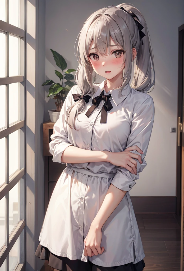 slender, mature female,blush, 1girl, brown_eyes, sweat, bangs, eyebrows_visible_through_hair, long_hair, solo, indoors, window, black_ribbon, open_mouth, ribbon, hair_ribbon, low_ponytail, ponytail, twintails, low_twintails, hair_between_eyes, nose_blush, white_shirt, grey_hair, shirt, looking_at_viewer, speech_bubble, spoken_blush, parted_lips