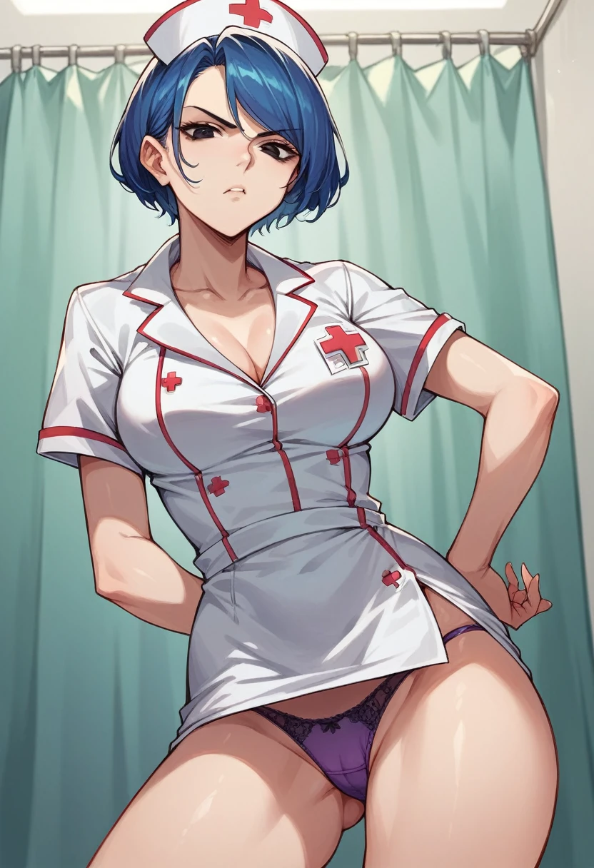 Nurse,short blue hair,Black eye,serious look, showing purple panties