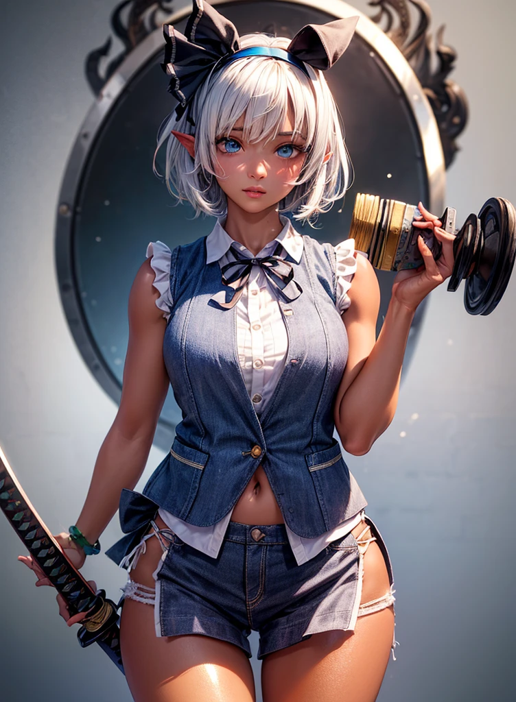 konpaku_youmu_touhou, normal ears, human ears, sshort_hair, ribbon, hairband, black_hairband, hair_ribbon, black_ribbon, bangs, white_hair, vest, blue_eyes, green_vest, sword, katana, hitodama, bow, blush, black_bow, grey_hair, white dress, hat, sailor collar, (masterpiece:1.1)intricate eyes,beautiful detailed eyes,symmetrical eyes,(deep blue eyes), (glowing eyes:1), glowing eyes,((((lustrous skin:1.5,tanned skin,bright skin: 1.5, shiny skin,shiny body,Reflective skin)))),(detailed face)),beautiful detailed lips, cute,opulent,sumptuous,(centered,scale to fit dimensions,Rule of thirds), (ultra detailed,extremely detailed),(photorealistic artwork:1.37),(extremely detailed CG unity 8k wallpaper),(((vibrant colors,vibrant theme))),(intricate),(masterpiece),(best quality),