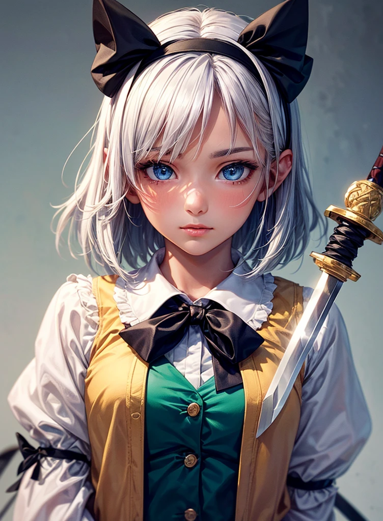 konpaku_youmu_touhou, normal ears, human ears, sshort_hair, ribbon, hairband, black_hairband, hair_ribbon, black_ribbon, bangs, white_hair, vest, blue_eyes, green_vest, sword, katana, hitodama, bow, blush, black_bow, grey_hair, white dress, hat, sailor collar, (masterpiece:1.1)intricate eyes,beautiful detailed eyes,symmetrical eyes,(deep blue eyes), (glowing eyes:1), glowing eyes,((((lustrous skin:1.5,tanned skin,bright skin: 1.5, shiny skin,shiny body,Reflective skin)))),(detailed face)),beautiful detailed lips, cute,opulent,sumptuous,(centered,scale to fit dimensions,Rule of thirds), (ultra detailed,extremely detailed),(photorealistic artwork:1.37),(extremely detailed CG unity 8k wallpaper),(((vibrant colors,vibrant theme))),(intricate),(masterpiece),(best quality),