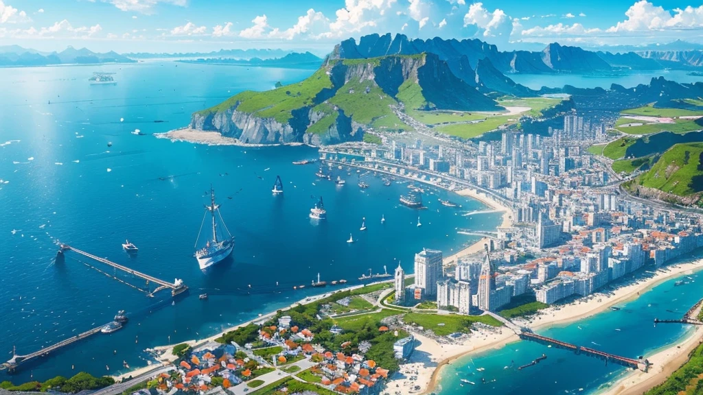 Majestic Kingdom, Coastal town, blue deep sea, kingdom of white buildings,, (shot from below:1.4), basking in the warm rays of the sun, emitting bright colors, masterpiece, big kingdom, Port city, many ships, port berths, Fishing boats, merchant ships