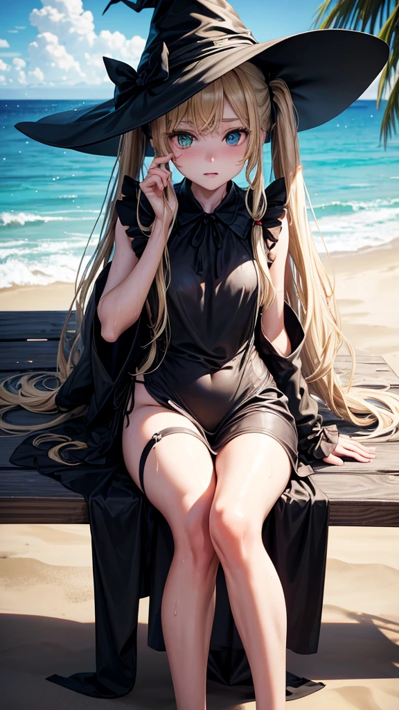 very slender. Long, blonde hair. She has green eyes. pigtails tied wearing a large witch hat. Wearing a black swimsuit, wet clothes, beach background, sitting in the beach chair 