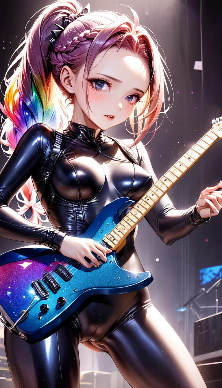 conceptual installation pop art, best quality, super fine, 16k, incredibly absurdres, extremely detailed, 2.5D, delicate and dynamic depiction, cool and beautiful woman live performance, singing, playing electric guitar, guitar with star-shaped iridescent glitter body, dancing notes, sparkling effects, rainbow braided ponytail, forehead, amorous and lewd expression, wearing black shiny seamless rubber body suit, superlative body proportions, future punk, abandoned city