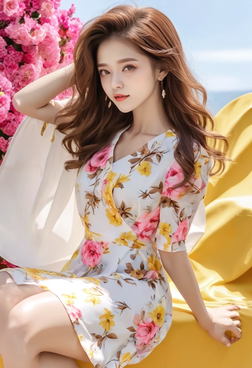 An image of a woman who calmly loves, Detailed medium brown hair, Bright yellow detailed eyes with long eyelashes, White short dress with pink floral print, Detailed brown high heel sandals. full body image. shoes foot