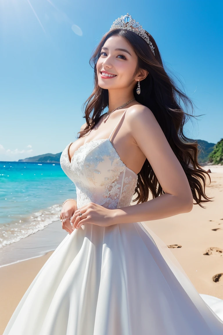 (Highest quality、masterpiece、8K、Best image quality、Hyperrealism、Award-winning works)、(Princess in a wedding dress:1.1)、(The most gorgeous and luxurious princess wedding dress:1.2)、(Perfect Highest quality wedding lace:1.1)、(The most luxurious and highest quality giant tiara:1.2)、(The ultimate tiara with a huge jewel:1.1)、(Huge Jewelry Top End Necklace:1.1)、(The most luxurious and highest quality giant necklace:1.2)、(The most luxurious wedding dresses with lots of jewellery:1.1)、(A gorgeous wedding dress with intricate and beautiful details:1.1)、(Standing Elegantly:1.2)、(The most natural and wide々Standing on a beautiful and perfect beach:1.2)、(wide々Standing on the shore of beautiful waves:1.1)、(Beautiful perfect sandy beach:1.1)、(Beautiful sunny sky:1.1)、(Beautiful thunderclouds:1.1)、Beautiful sea、(A clear and vibrant beautiful sea:1.1)、Complex sea glow、Beautiful sea details are drawn、(Large Breasts:1.1)、(Accentuate your body lines:1.1)、Accurate anatomy、Perfect Makeup、Long eyelashes、Glossy Lips、Ultra HD glossy skin、(Ultra-high resolution, bright and beautiful skin:1.1)、Ultra-high definition glossy lips、Ultra-high resolution beautiful teeth、(very bright and vivid:1.3)、(Bright sunny sky:1.1)、(Vivid and clear sea:1.1)、(Bright and glowing skin:1.2)