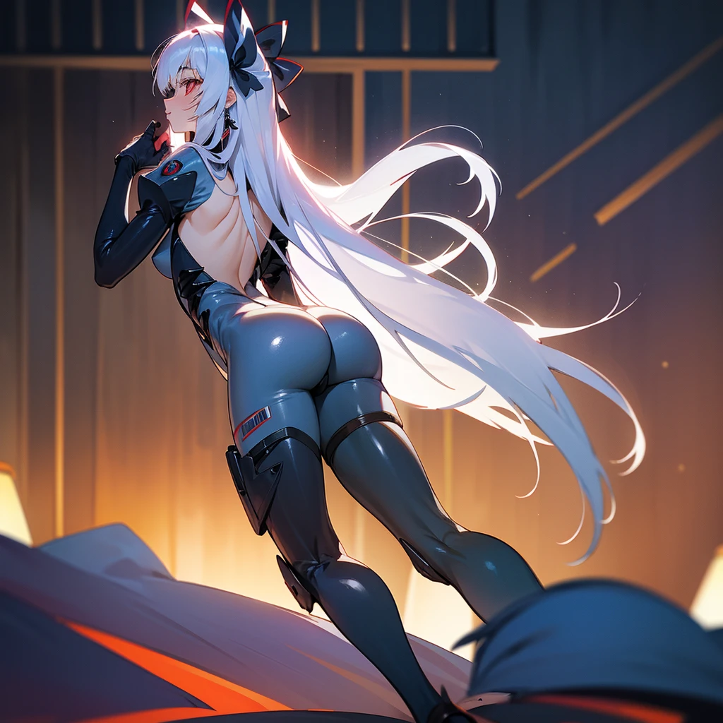 ((detailed), high_quality, master_quality, (realistic), (back), arching_back 8k, masterpiece, (Tokarev), silver_hair, long_hair, red_eyes, sexy, slim_figure, (fortified_suit), bodysuit, (Cryska Barchenowa), high_heels, pistol_on_th_hip, dynamic_lightning, villain