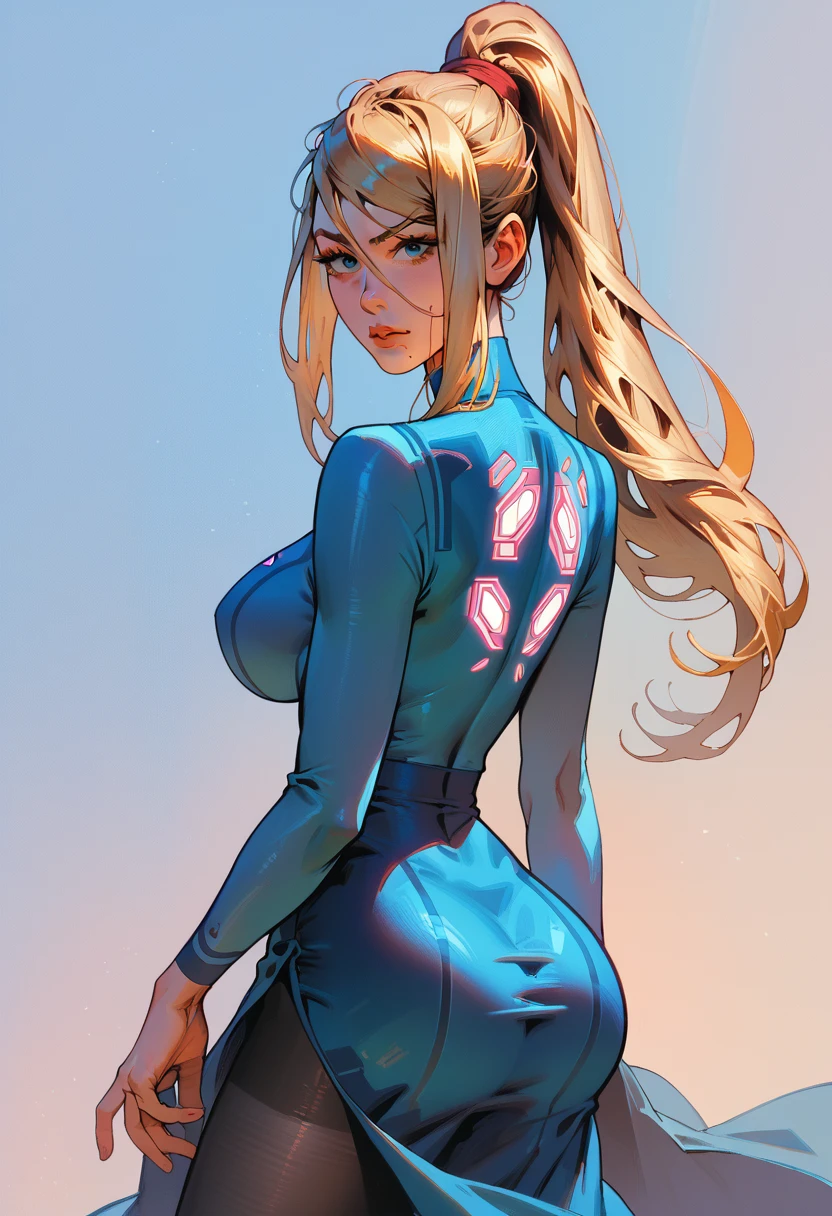 Samus aran, ponytail, blondie, eyes blue (detailed:1.8), large breast, big ass, blue long tight dress, long dress, big hall, dramatic lighting, pantyhose, black pantyhose, detailing body, detailing face, hands on the heaps, smiled