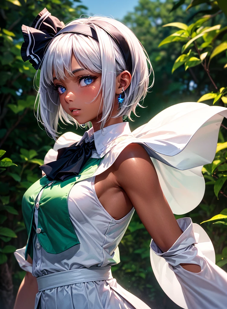 konpaku_youmu_touhou, normal ears, human ears, sshort_hair, ribbon, hairband, black_hairband, hair_ribbon, black_ribbon, bangs, white_hair, vest, blue_eyes, green_vest, sword, katana, hitodama, bow, blush, black_bow, grey_hair, white dress, hat, sailor collar, (masterpiece:1.1)intricate eyes,beautiful detailed eyes,symmetrical eyes,(deep blue eyes), (glowing eyes:1), glowing eyes,((((lustrous skin:1.5,tanned skin,bright skin: 1.5, shiny skin,shiny body,Reflective skin)))),(detailed face)),beautiful detailed lips, cute,opulent,sumptuous,(centered,scale to fit dimensions,Rule of thirds), (ultra detailed,extremely detailed),(photorealistic artwork:1.37),(extremely detailed CG unity 8k wallpaper),(((vibrant colors,vibrant theme))),(intricate),(masterpiece),(best quality),