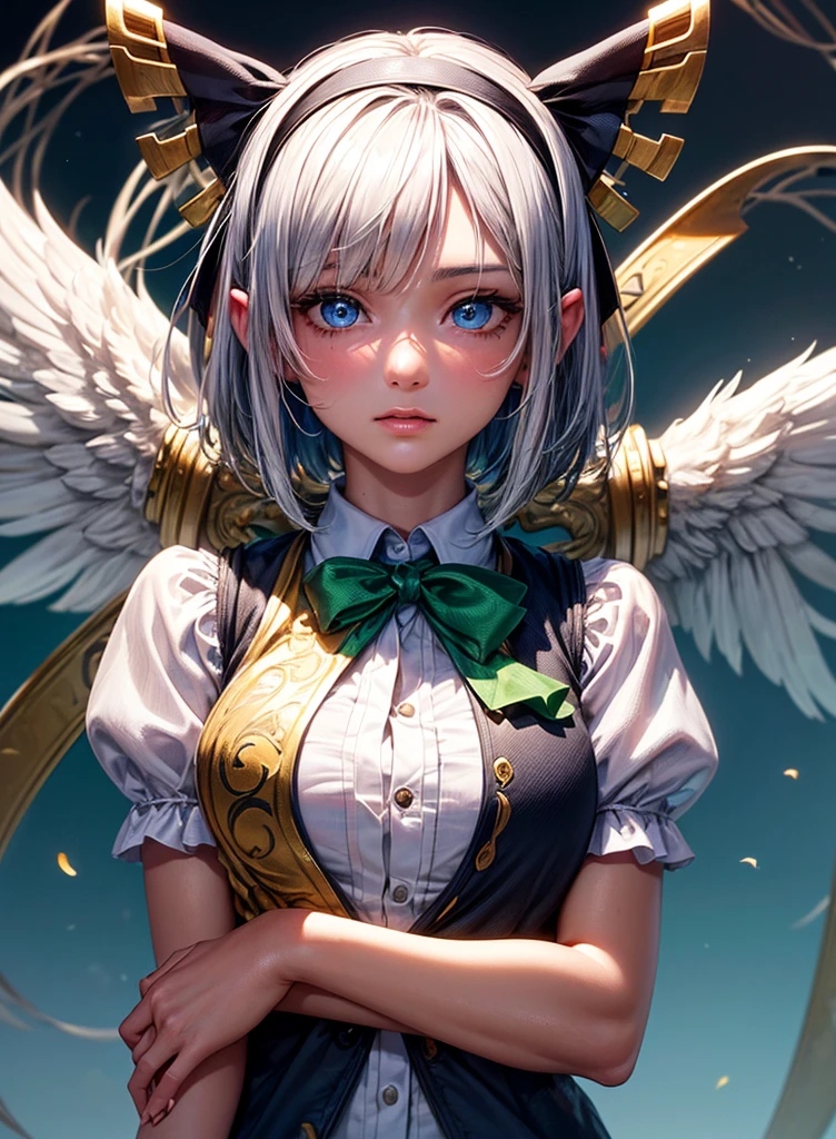 konpaku_youmu_touhou, normal ears, human ears, sshort_hair, ribbon, hairband, black_hairband, hair_ribbon, black_ribbon, bangs, white_hair, vest, blue_eyes, green_vest, sword, katana, hitodama, bow, blush, black_bow, grey_hair, white dress, hat, sailor collar, (masterpiece:1.1)intricate eyes,beautiful detailed eyes,symmetrical eyes,(deep blue eyes), (glowing eyes:1), glowing eyes,((((lustrous skin:1.5,tanned skin,bright skin: 1.5, shiny skin,shiny body,Reflective skin)))),(detailed face)),beautiful detailed lips, cute,opulent,sumptuous,(centered,scale to fit dimensions,Rule of thirds), (ultra detailed,extremely detailed),(photorealistic artwork:1.37),(extremely detailed CG unity 8k wallpaper),(((vibrant colors,vibrant theme))),(intricate),(masterpiece),(best quality),