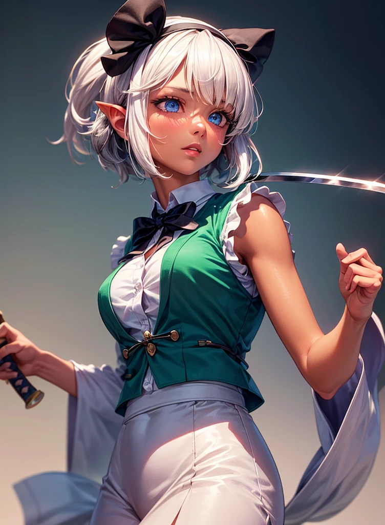 konpaku_youmu_touhou, normal ears, human ears, sshort_hair, ribbon, hairband, black_hairband, hair_ribbon, black_ribbon, bangs, white_hair, vest, blue_eyes, green_vest, sword, katana, hitodama, bow, blush, black_bow, grey_hair, white dress, hat, sailor collar, (masterpiece:1.1)intricate eyes,beautiful detailed eyes,symmetrical eyes,(deep blue eyes), (glowing eyes:1), glowing eyes,((((lustrous skin:1.5,tanned skin,bright skin: 1.5, shiny skin,shiny body,Reflective skin)))),(detailed face)),beautiful detailed lips, cute,opulent,sumptuous,(centered,scale to fit dimensions,Rule of thirds), (ultra detailed,extremely detailed),(photorealistic artwork:1.37),(extremely detailed CG unity 8k wallpaper),(((vibrant colors,vibrant theme))),(intricate),(masterpiece),(best quality),