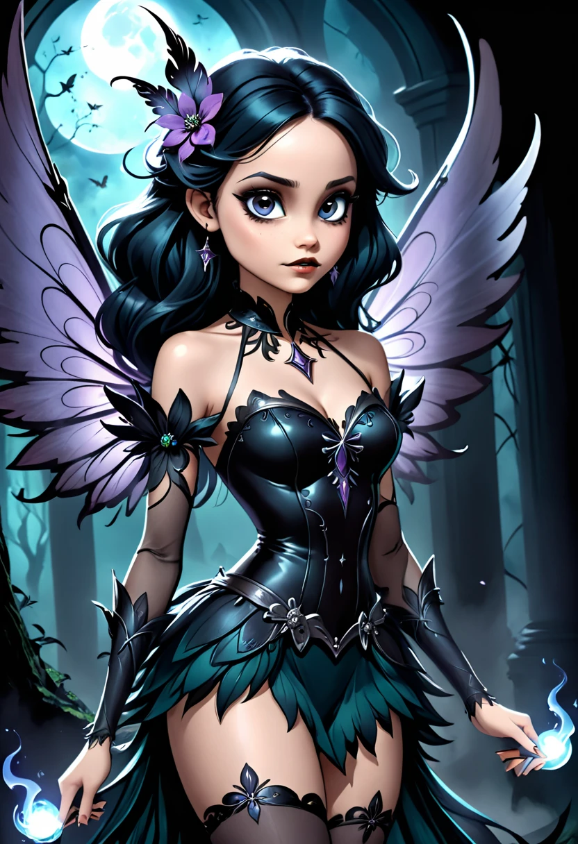 Anime personage, A beautiful ethereal cute dak fairy, gothic aethestics, smoke effects, dark long hairr, deep dark fairy wings, big detailed eyes. The scene is rich with dark fantasy elements, dramatic lighting, Captured in a dramatic and cinematic style, in dinamic composition, the image blends video game art illustration with movie picture influences.
