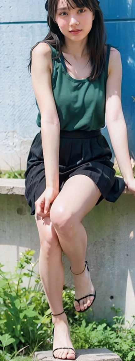 Open shirt, (((Leaning forward))), ((,Round face, Around 17 years old,mini skirt、loose tank top)), Long Hair, , Natural Makeup, Lips become thicker, Sexy Gaze, barefoot, ((Raise one leg)), Shooting from below,Gentle expression ,((Extremely precise and accurate anatomy)), (masterpiece:1.43), Perfect proportions, Realistic photos, Full Shot, whole body, (height: 165cm),