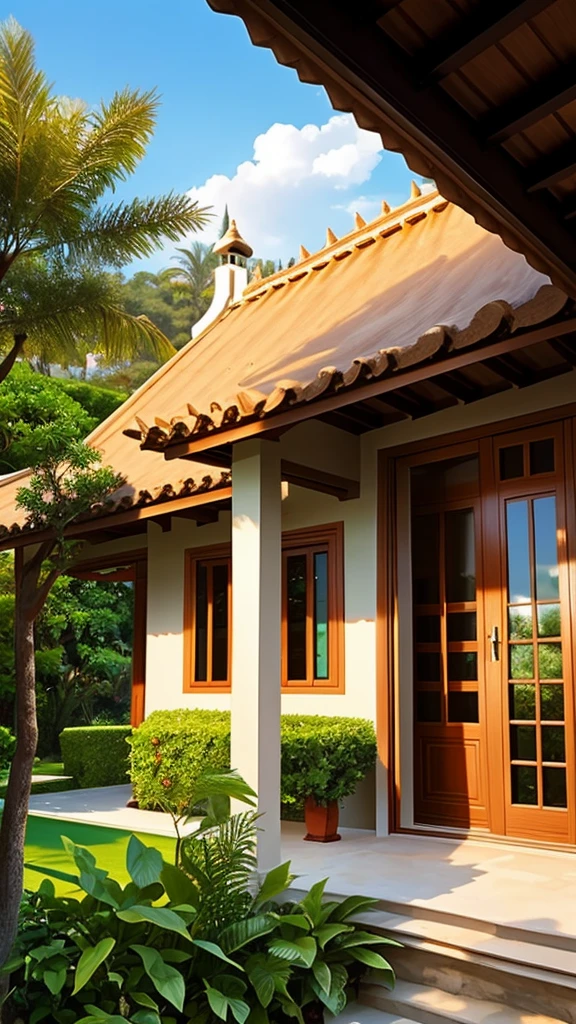 One (single) window of the bungalo, (look from the outside), look from the outside the bungalo (villa), close-up of a window of a villa