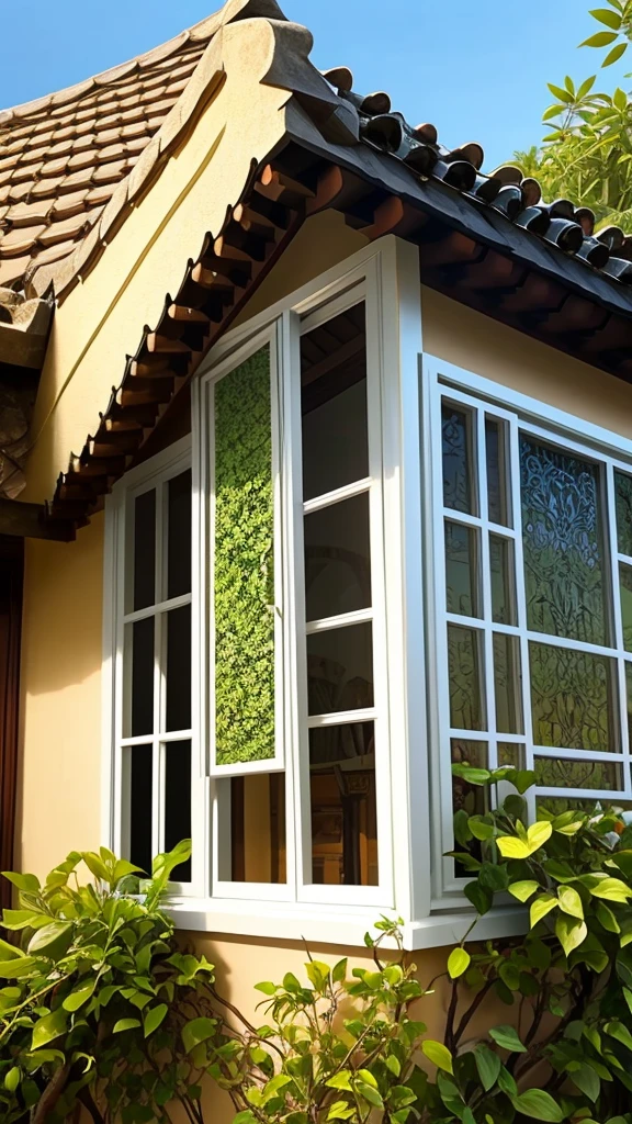 One (single) window of the bungalo, (look from the outside), look from the outside the bungalo (villa), close-up of a window of a villa