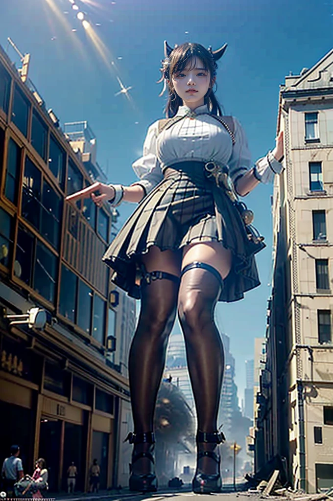 looking at the camera、Steampunk World、、Chest、Sweat it out、Sweat makes clothes transparent、The building collapses、Urban hustle and bustle、Traffic jam、City of Rubble、street tree、((((Azur Lane Cheshire Cosplay))))、Frilled maid outfit、Super huge breasts、Plump thighs、Ground View，City of Giants,500 foot tall giant girl，skyscraper,Has super long legs,Step into the crowd，There are many people on the street,Knee-high socks，She has waist-length black hair，Wear Mary Jane heels，A happy look，Standing on the ruins，Beautiful appearance，Exquisite makeup，quality，8K，高quality，Perfect Proportions, Cinema Lighting，Film Grain，The Colors of Fuji，8K，Textured skin，Super Detail，High detail，high quality，High resolution，explode，False Smile,Show your pants