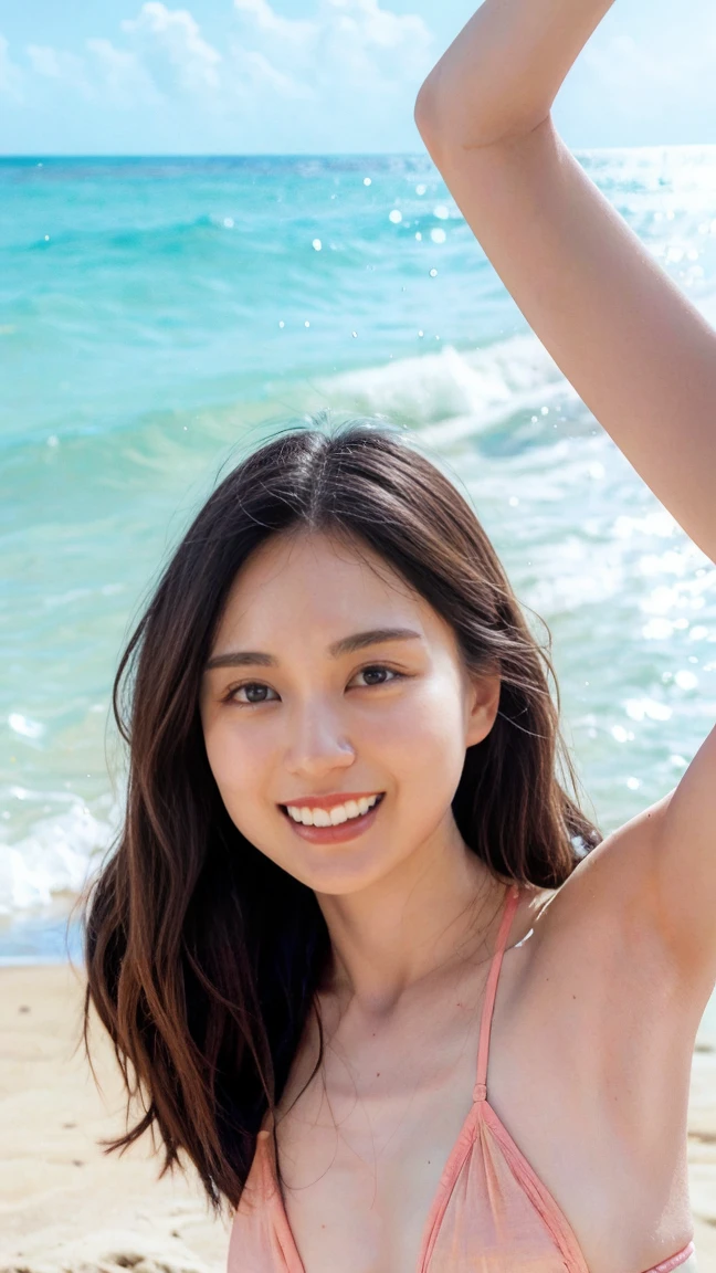 ((Extremely precise and accurate anatomy)), (masterpiece:1.43), Perfect balance, Realistic photos, Shrapnel:1.22、Mid 20s、young woman、Very realistic、High resolution photos、Wavy, Shoulder-length chestnut hair、Grace from the shoulders down、The eyes are a striking green with gold flecks.、Natural arched eyebrows、The skin is white and smooth、natural, Healthy shine、A kind smile、Straight and white teeth、A micro bikini made from soft and lightweight fabric for a snug fit.、Sunlit beach in the evening、The sea swaying in the wind、Clear deep blue sky with white clouds、The sunlight is warm and golden、Natural highlights and shadows that accentuate facial features and clothing textures、メイクは最小限でnatural、Light Foundation、A faint blush、Subtle eyeliner、A little mascara々、Soft pink lip color、Mr.々Pose、Mr.々Show a facial expression、Wavy hair、A sense of movement and vitality、(((Shallow depth of field effect)))、Image focus、The atmosphere is warm、The energy of joy、Natural Beauty