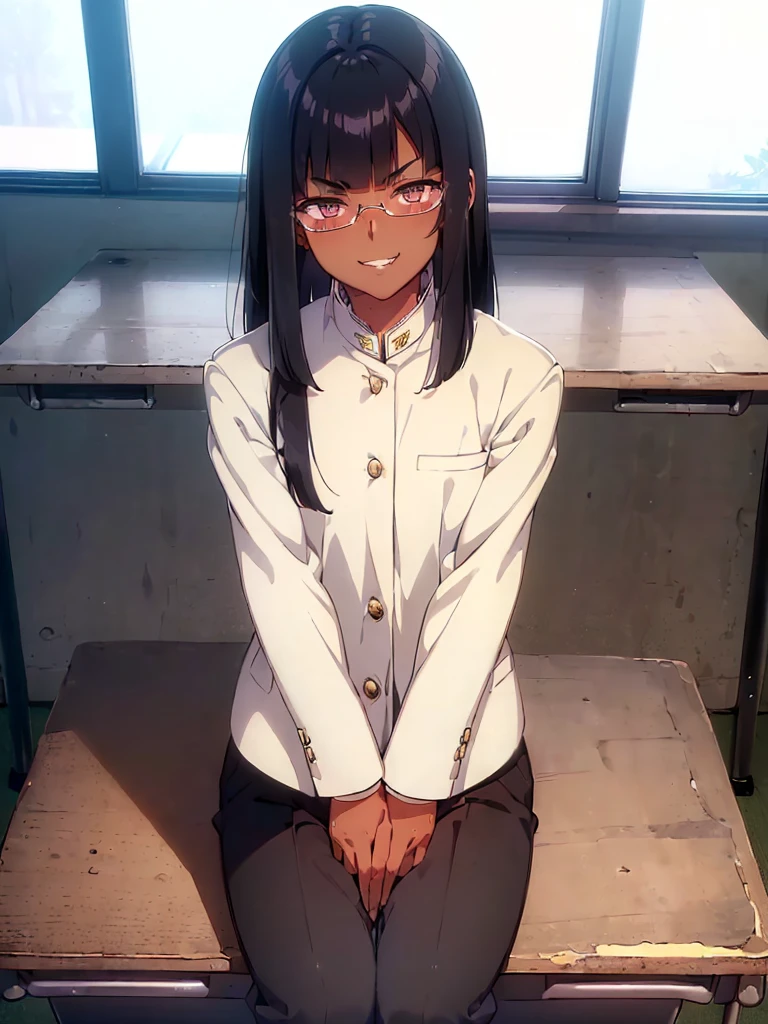 (1 girl solo),(dark skin:1.5),(masterpiece:1.2), highest quality, High resolution, unity 8k wallpaper, (fine and beautiful eyes:1.6), highly detailed face, perfect lighting, Detailed CG, (perfect hands, perfect anatomy),20 years old, (black hair:1.3), detailed eyes, best quality, extremely detailed, very precise detailed, (glasses:1.4), , (straight hair:1.5), (evil smile:1.4) ,long sidelocks, (blush:1.3),(gakuran,long pants:1.5),(short Bobbed hair:1.4),(blunt bangs:1.4), (greaming skin:1.3),(in class room:1.3),(sit on desk:1.4),(spread legs:1.2),(flat chest:1.3),(open dakuran.shirt under gakuran:1.4)