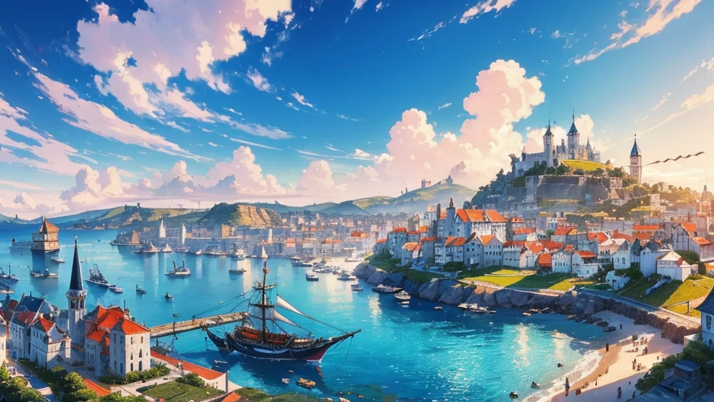 Majestic Kingdom, Middle Ages, 19th century, Coastal town, blue deep sea, kingdom of white buildings,, (shot from below:1.4), basking in the warm rays of the sun, emitting bright colors, masterpiece, big kingdom, Port city, many ships, port berths, Fishing boats, merchant ships