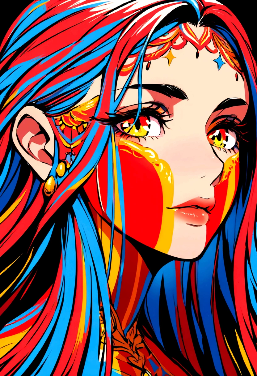 Portrait of a woman with strikingly beautiful Spanish features, captured in the twilight. Her face and body are adorned with intricate paint in the vibrant colors of the Spanish flag, creating a stunning and patriotic visual effect