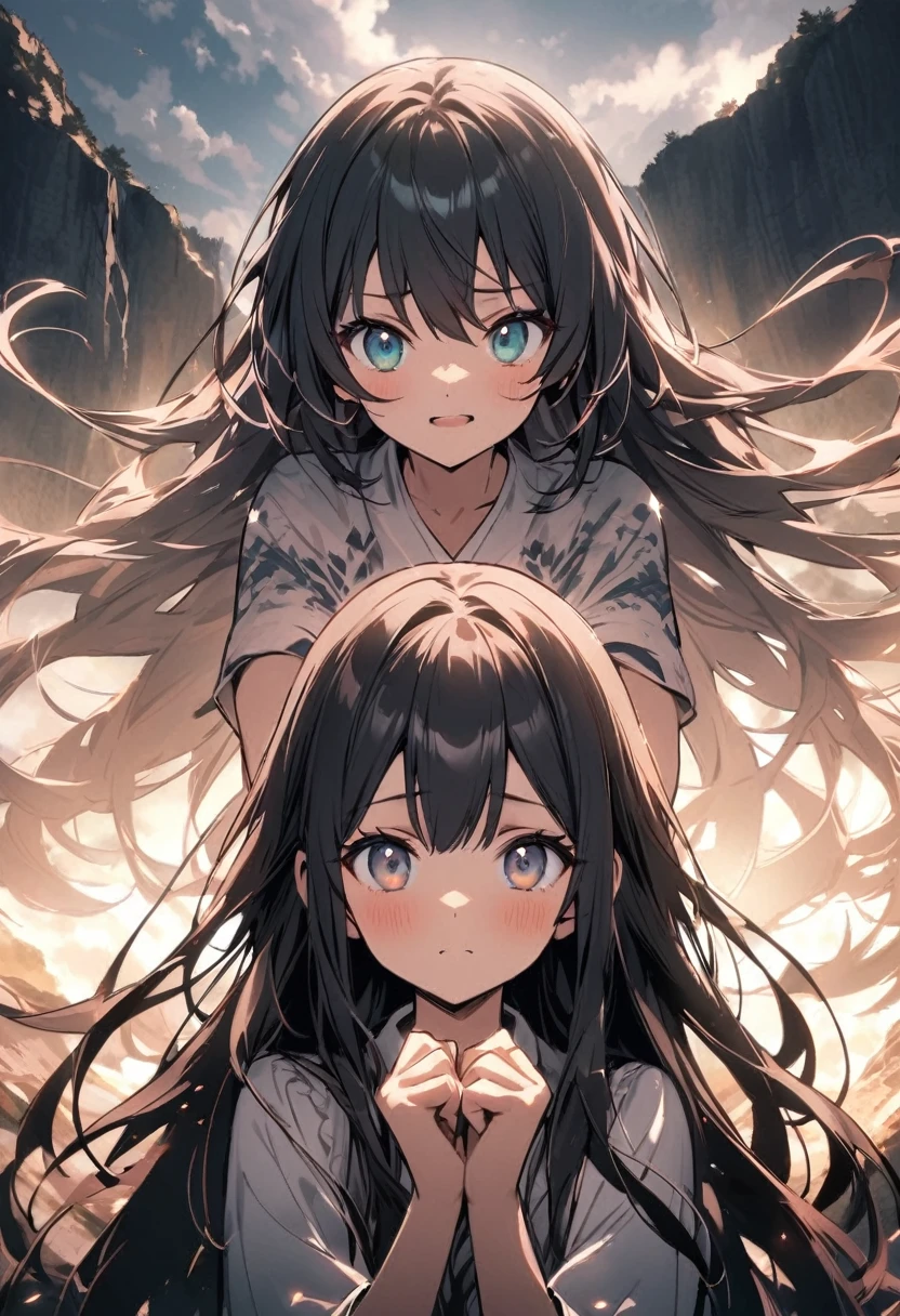 cliffの上から手を伸ばす、help、cliff、Long Hair、girl、Beautiful eyes、Show your hands、
