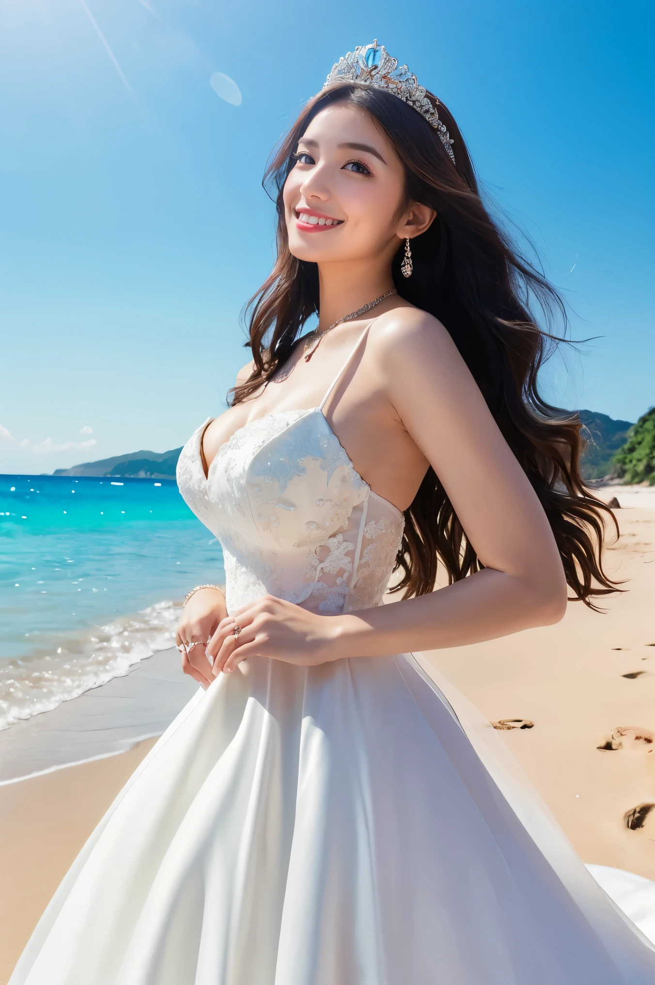 (Highest quality、masterpiece、8K、Best image quality、Hyperrealism、Award-winning works)、(Princess in a wedding dress:1.1)、(The most gorgeous and luxurious princess wedding dress:1.2)、(Perfect Highest quality wedding lace:1.1)、(The most luxurious and highest quality giant tiara:1.2)、(The ultimate tiara with a huge jewel:1.1)、(Huge Jewelry Top End Necklace:1.1)、(The most luxurious and highest quality giant necklace:1.2)、(The most luxurious wedding dresses with lots of jewellery:1.1)、(A gorgeous wedding dress with intricate and beautiful details:1.1)、(Standing Elegantly:1.2)、(The most natural and wide々Standing on a beautiful and perfect beach:1.2)、(wide々Standing on the shore of beautiful waves:1.1)、(Beautiful perfect sandy beach:1.1)、(Beautiful sunny sky:1.1)、(Beautiful thunderclouds:1.1)、Beautiful sea、(A clear and vibrant beautiful sea:1.1)、Complex sea glow、Beautiful sea details are drawn、(Large Breasts:1.1)、(Accentuate your body lines:1.1)、Accurate anatomy、Perfect Makeup、Long eyelashes、Glossy Lips、Ultra HD glossy skin、(Ultra-high resolution, bright and beautiful skin:1.1)、Ultra-high definition glossy lips、Ultra-high resolution beautiful teeth、(very bright and vivid:1.3)、(Bright sunny sky:1.1)、(Vivid and clear sea:1.1)、(Bright and glowing skin:1.2)