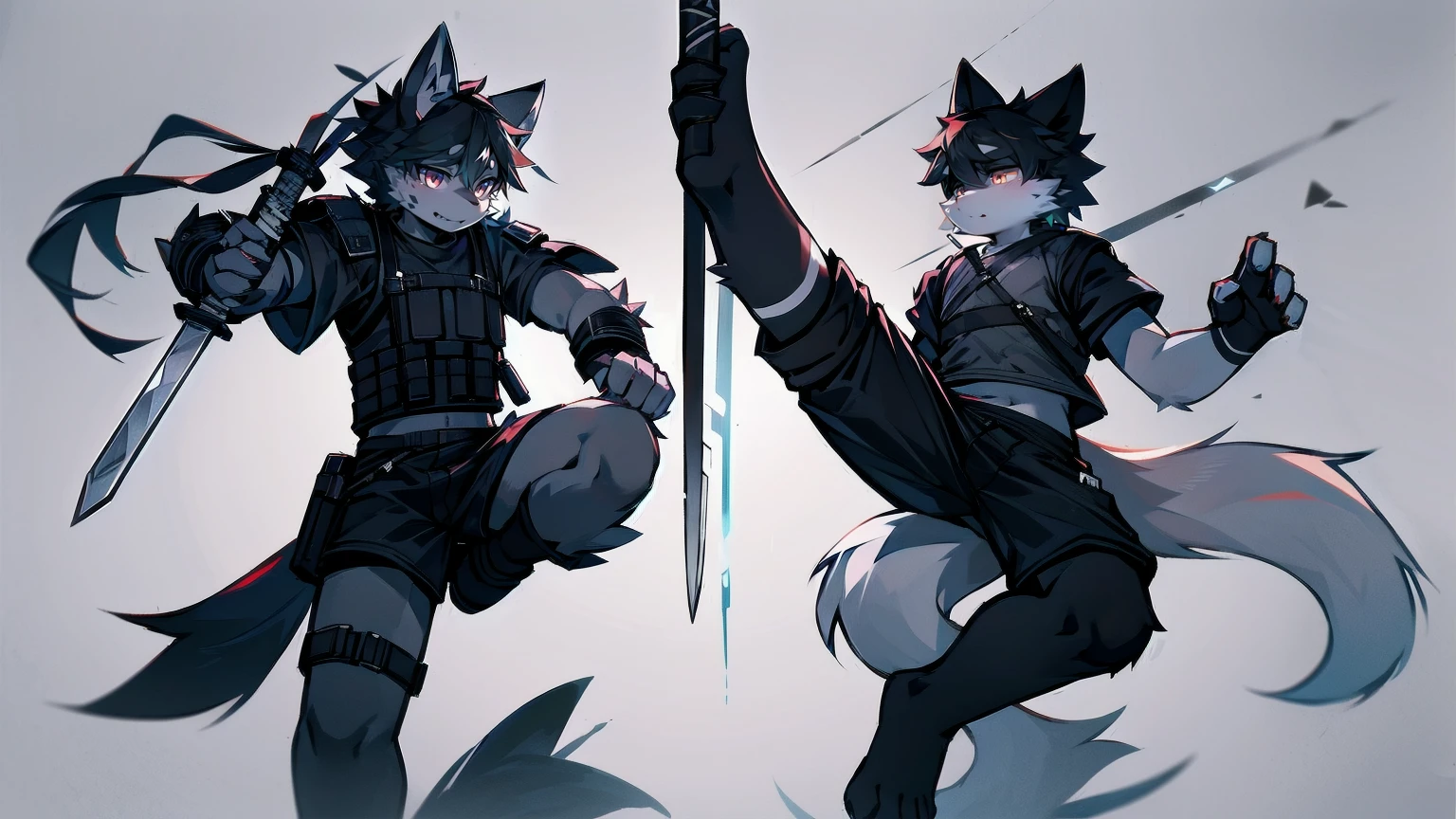 White Wolf，black hair，Red eyes，Wolf ears，Wolf Tail，juvenile，male，hairy，Hair，Half body armor，Combat uniform，Silver and black clothing，Handsome，Handsome，shorts，The forearm is exposed，leg，Fighting Stance，Duel，Two people，Anxious，Armed with a sword，Simple background，Swords