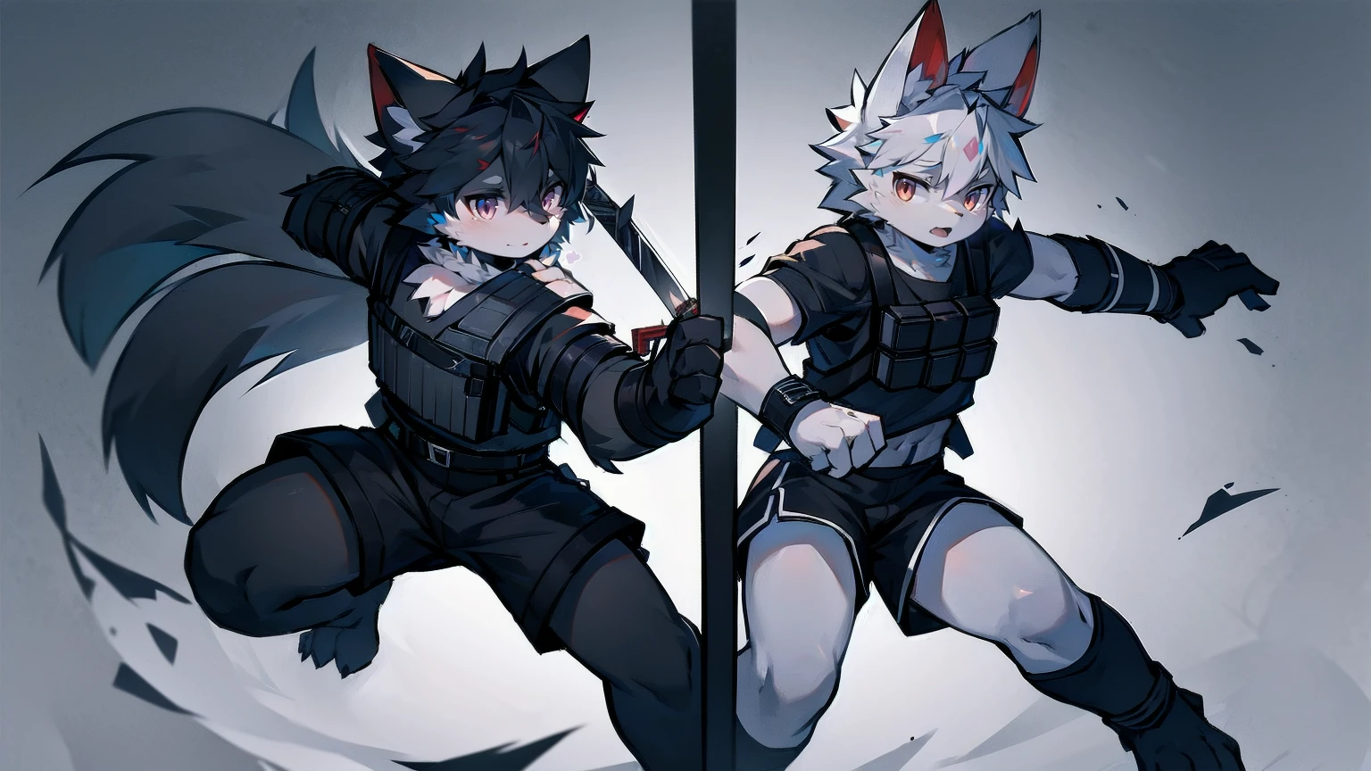 White Wolf,black hair,Red eyes,Wolf ears,Wolf Tail,juvenile,male,hairy,Hair,Half body armor,Combat uniform,Silver and black clothing,Handsome,Handsome,shorts,The forearm is exposed,leg,Fighting Stance,Duel,Two people,Anxious,Armed with a sword,Simple background,Swords