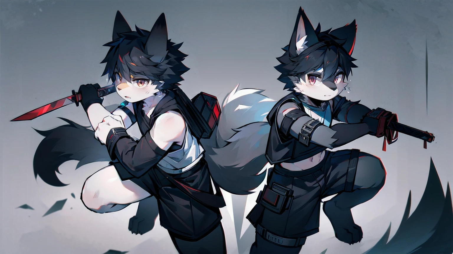 White Wolf,black hair,Red eyes,Wolf ears,Wolf Tail,juvenile,male,hairy,Hair,Half body armor,Combat uniform,Silver and black clothing,Handsome,Handsome,shorts,The forearm is exposed,leg,Fighting Stance,Duel,Two people,Anxious,Armed with a sword,Simple background,Swords