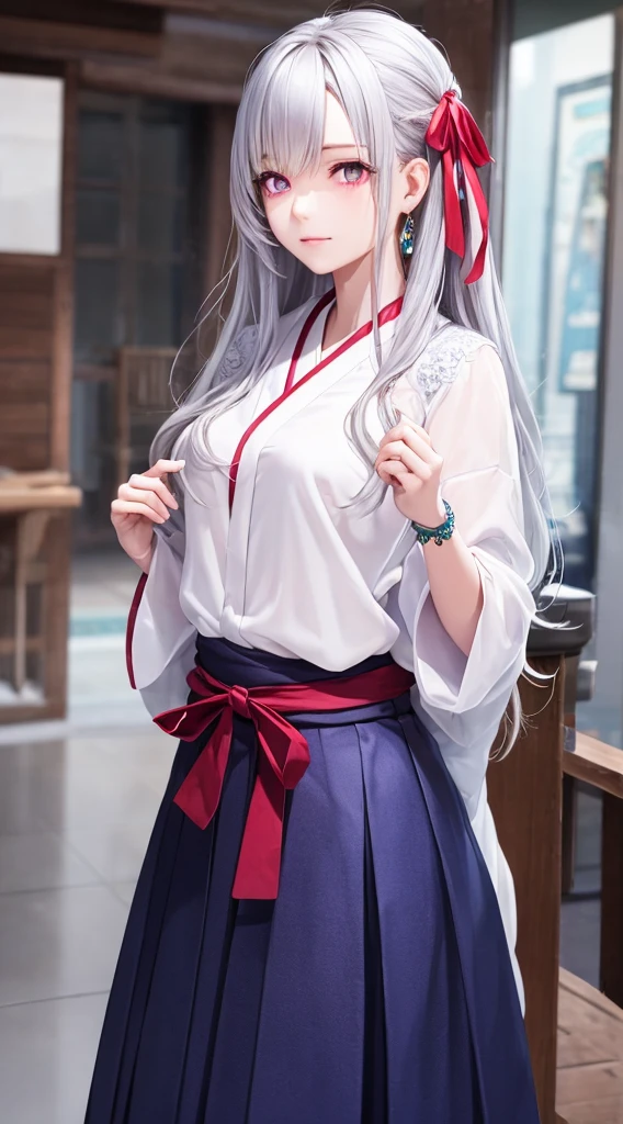 teenage girl with long, silver hair and glowing violet eyes. Fair skin, wearing a dark blue hakama skirt, white blouse, and red ribbon. Accessorized with intricate, mystical jewelry. Calm and composed demeanor, hint of magic and technology integration