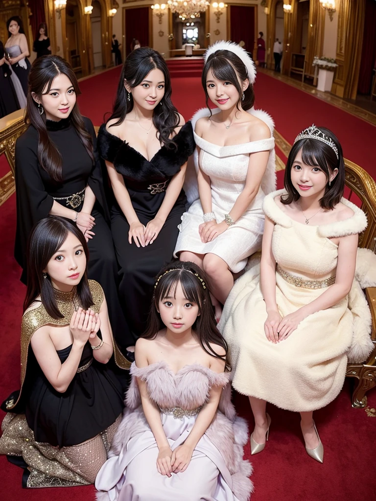 Ladies in gorgeous dresses。Fur Cape。Four Ladies。Watching the audience。Fairytale room。Fluffy carpet。Fisheye Lens